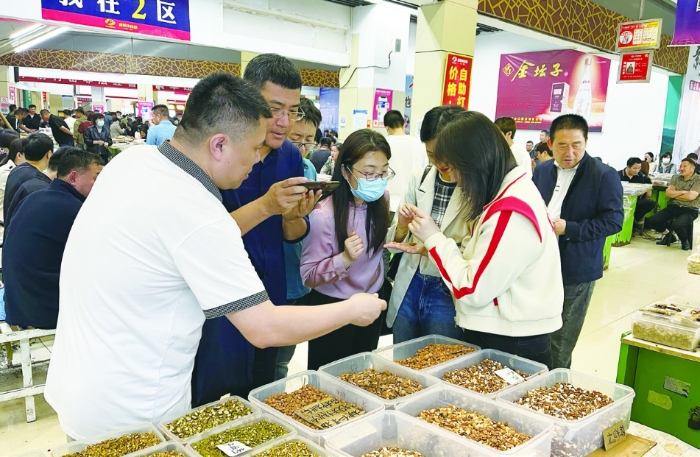 图③为山东省药监部门的中药检查员在亳州中药材市场学习中药材性状鉴别要点等知识。